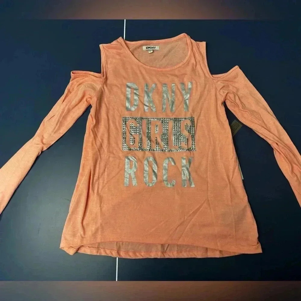 DKNY Girls Cut-out long sleeve shirt size XXL (14-16) with embellishments (pink)